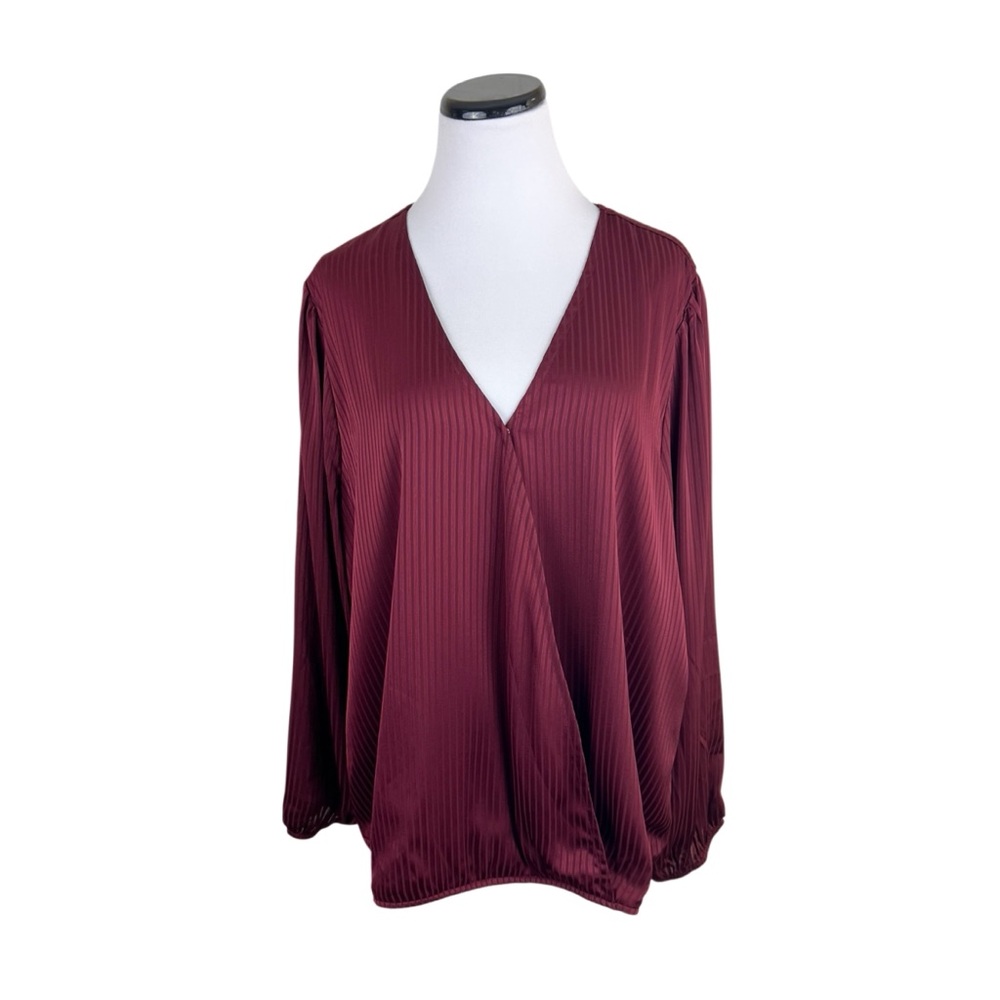 Eyeshadow Faux Wrap Long Sleeve Striped Blouse Top Red Wine Size 2X